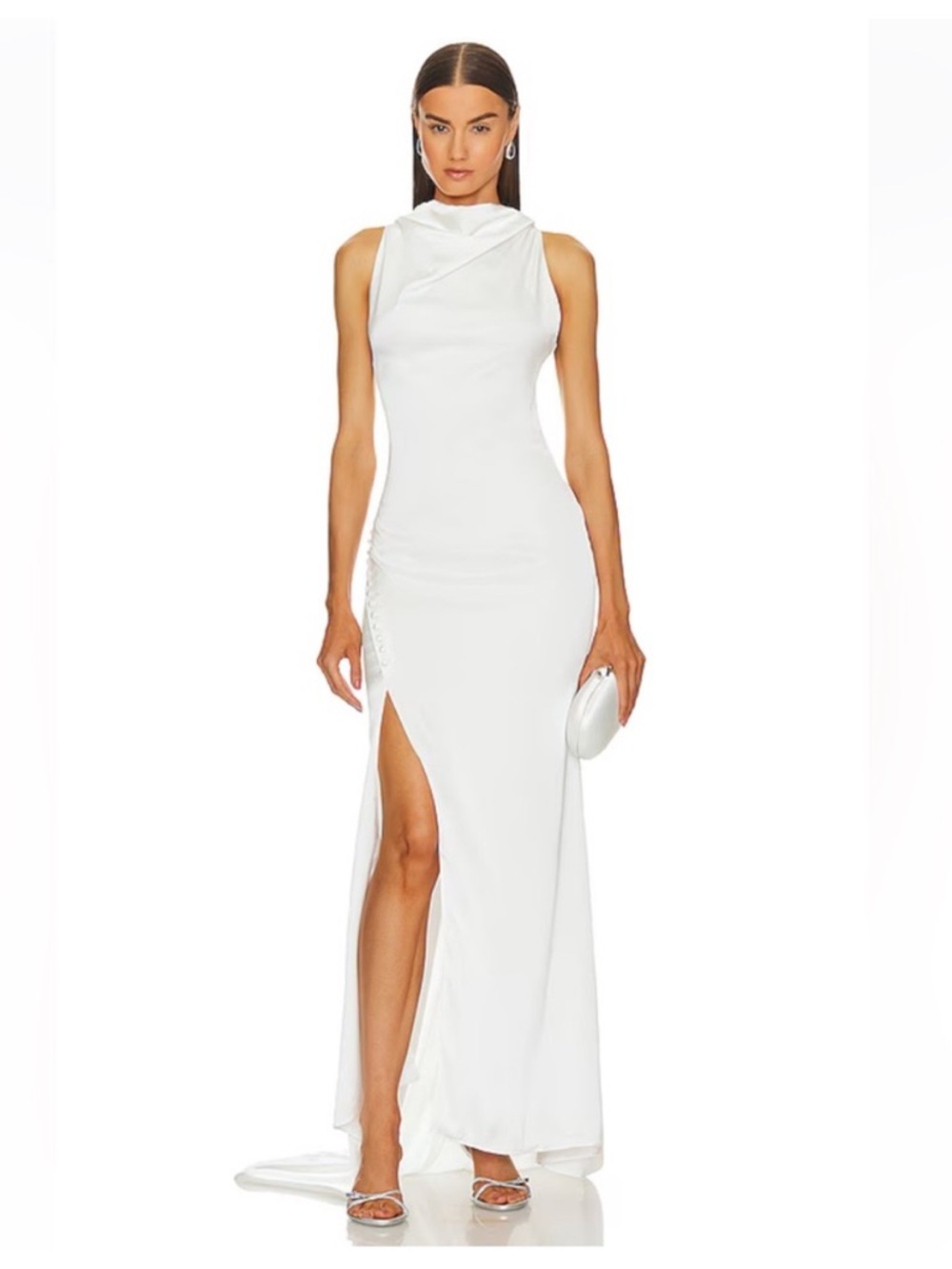 elliatt jamilla ivory white satin draped side slit maxi gown dress size small
